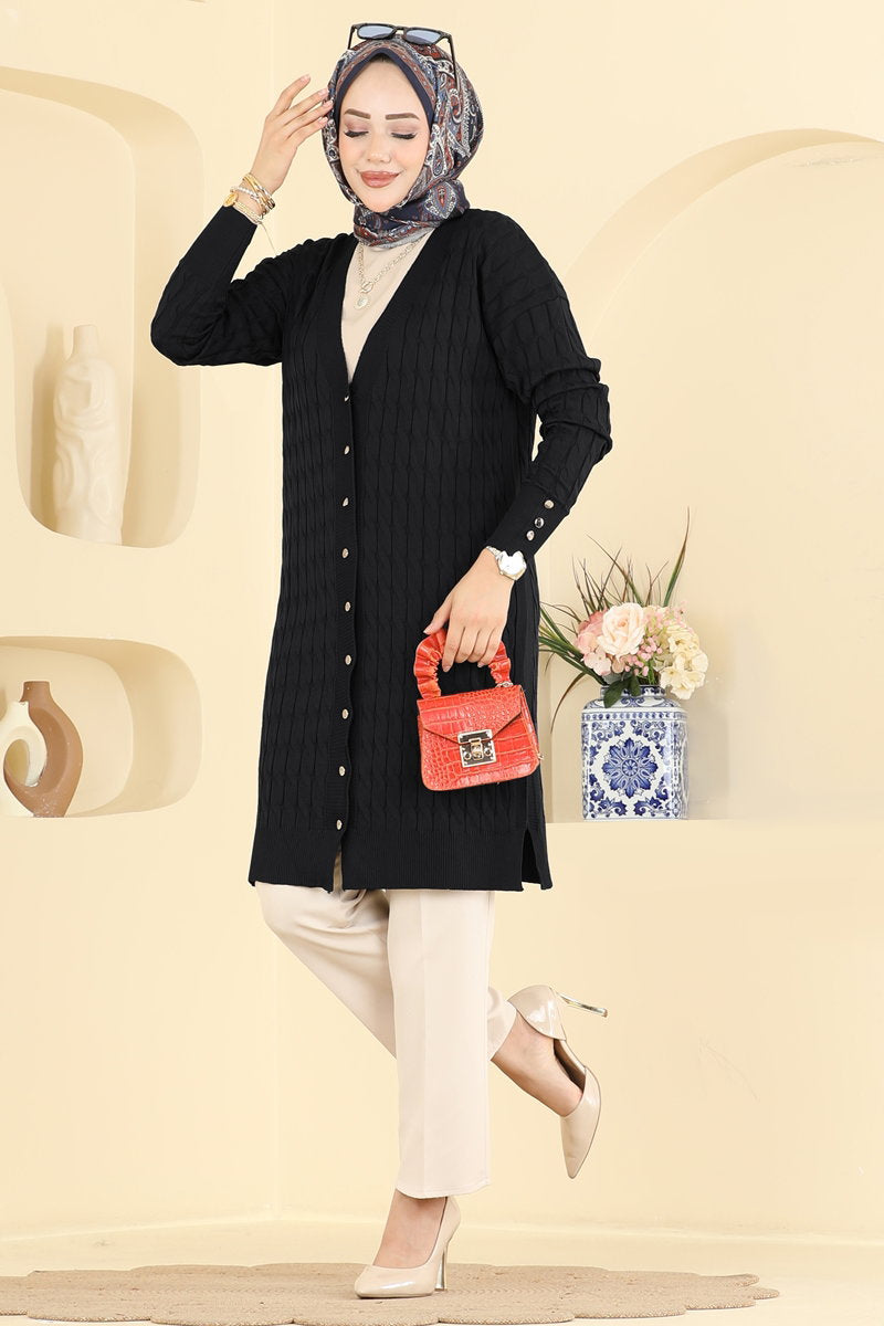 Button-Detail Mercerised Cardigan - Black