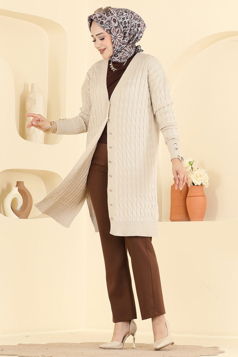 Button-Detail Mercerised Cardigan - Stone