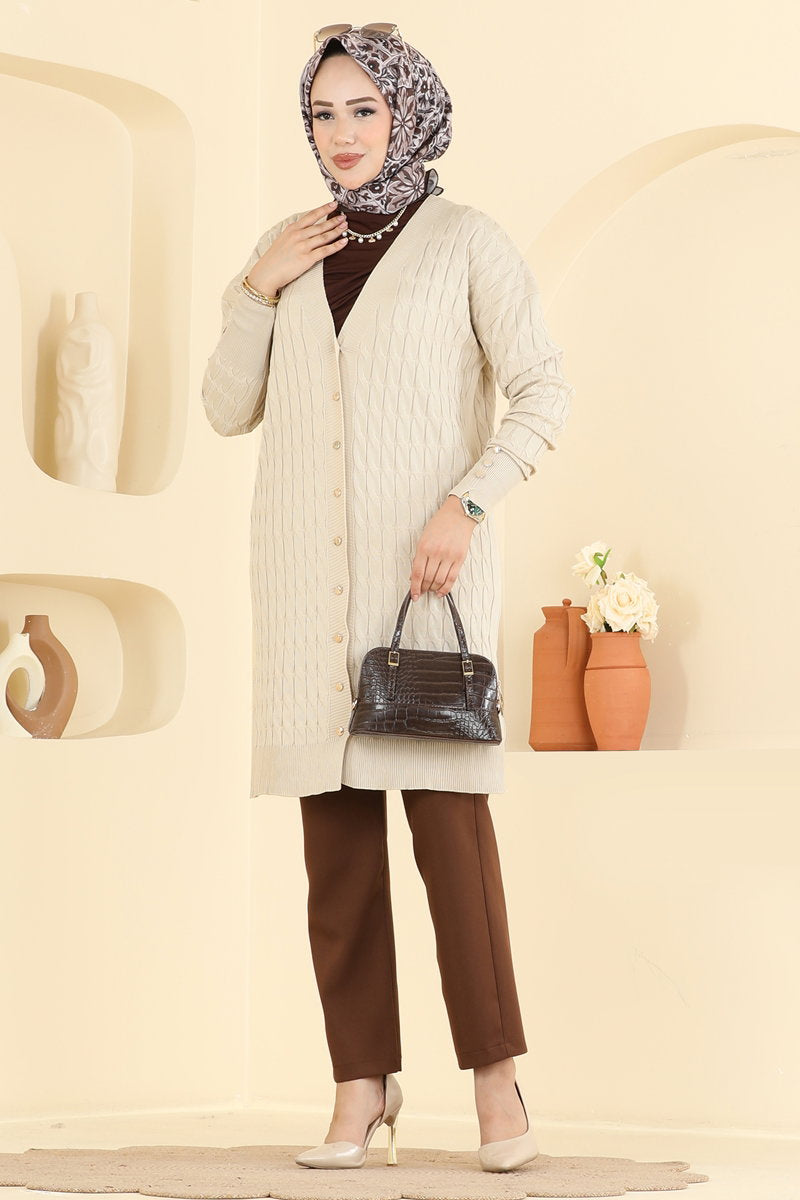 Button-Detail Mercerised Cardigan - Stone