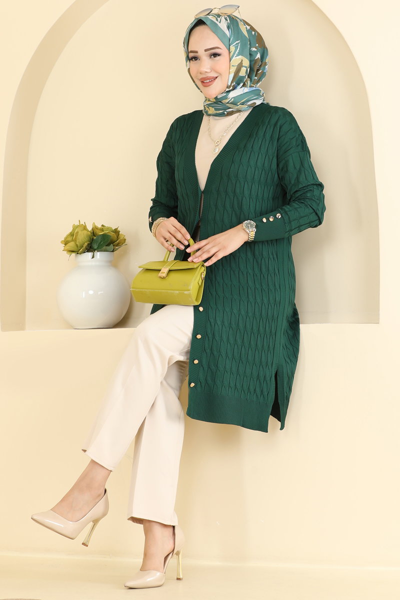 Button-Detail Mercerised Cardigan - Emerald