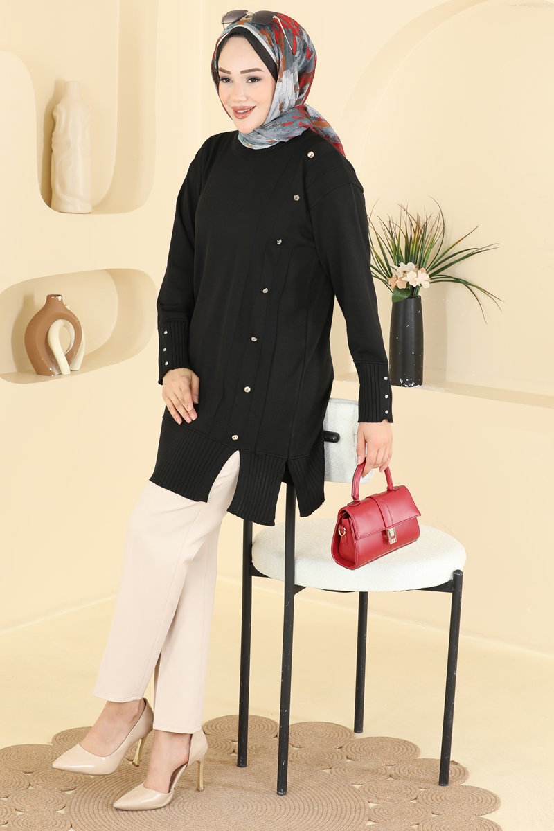 Mercerised Knit Tunic with Button Trim - Black