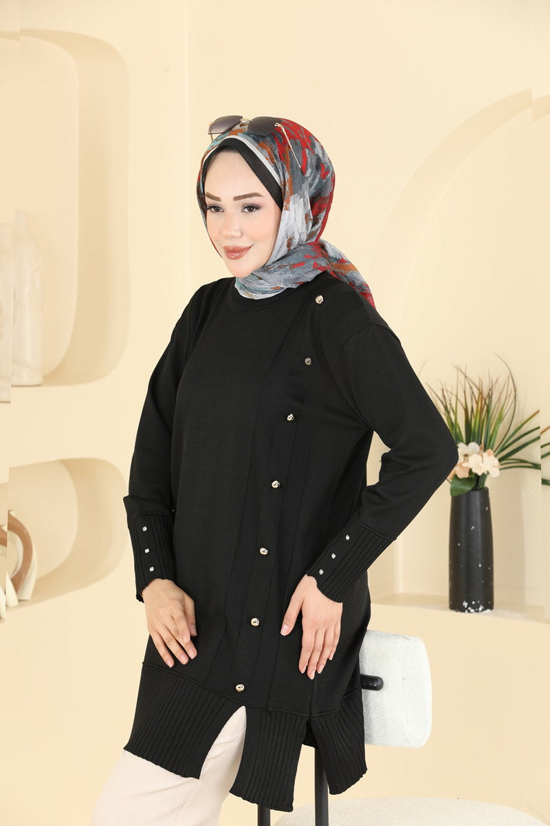 Mercerised Knit Tunic with Button Trim - Black