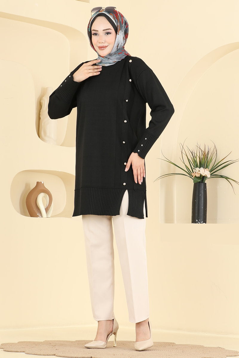 Mercerised Knit Tunic with Button Trim - Black