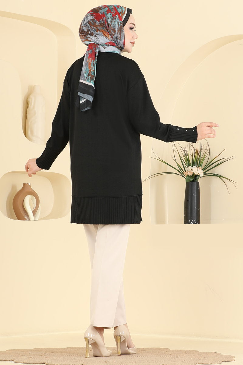 Mercerised Knit Tunic with Button Trim - Black