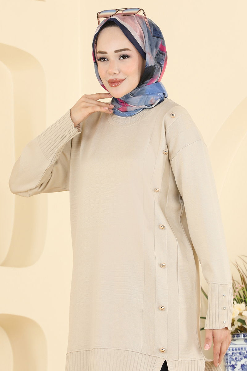 Mercerised Knit Tunic with Button Trim - Stone