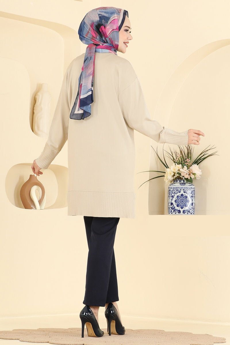 Mercerised Knit Tunic with Button Trim - Stone