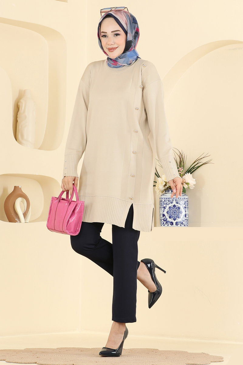 Mercerised Knit Tunic with Button Trim - Stone
