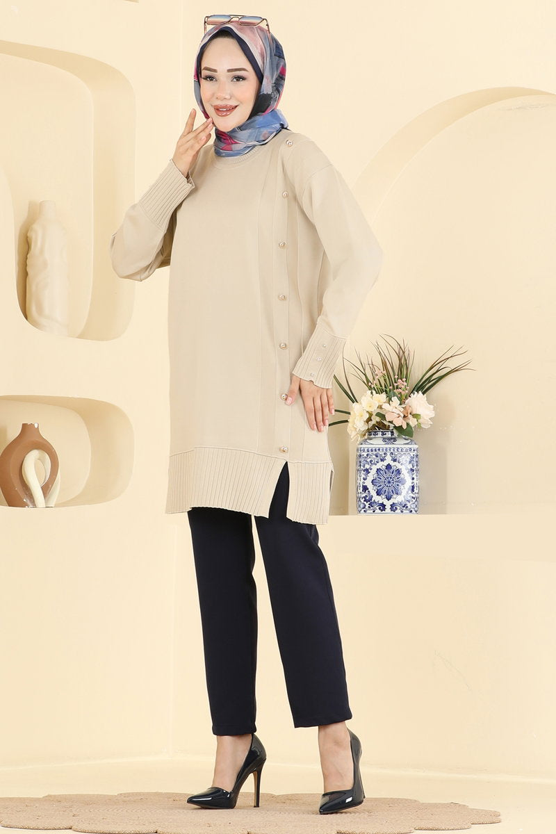 Mercerised Knit Tunic with Button Trim - Stone