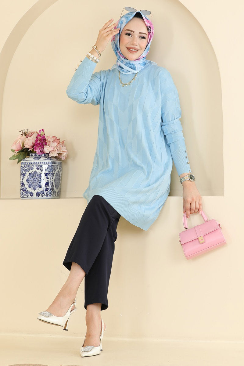Mercerised Knit Tunic with Buttons - Light Blue