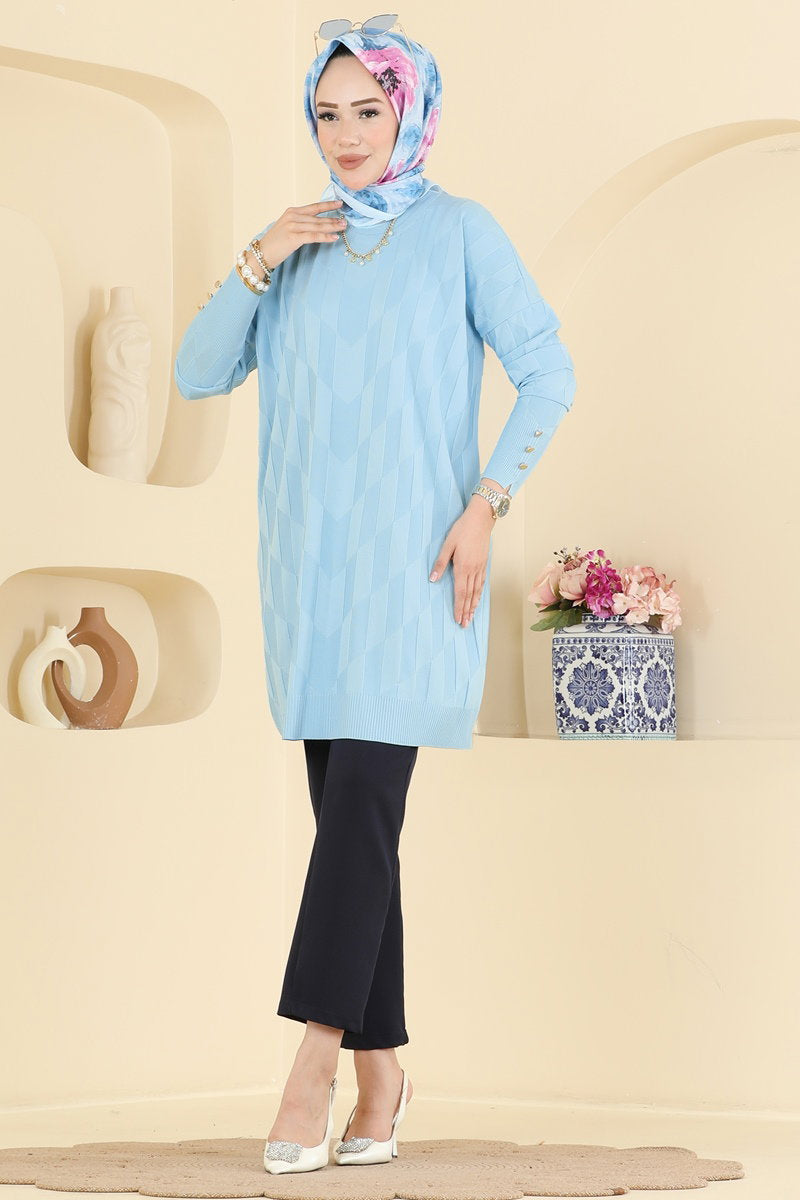 Mercerised Knit Tunic with Buttons - Light Blue