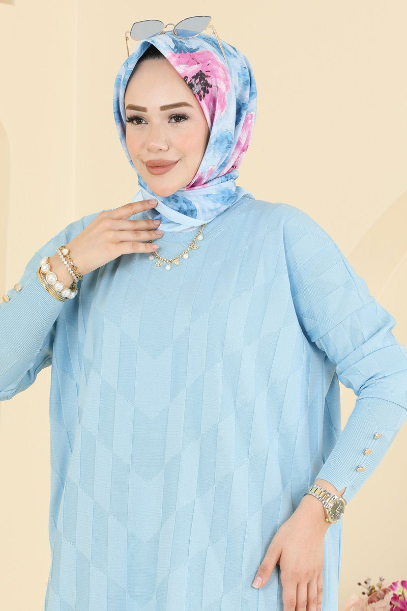 Mercerised Knit Tunic with Buttons - Light Blue