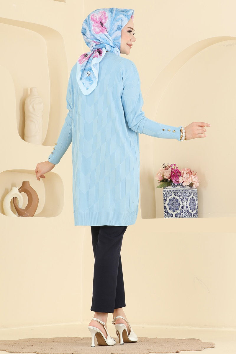 Mercerised Knit Tunic with Buttons - Light Blue