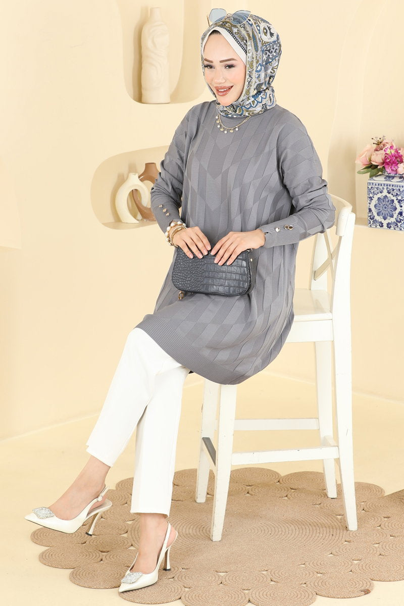 Mercerised Knit Tunic with Buttons - Grey
