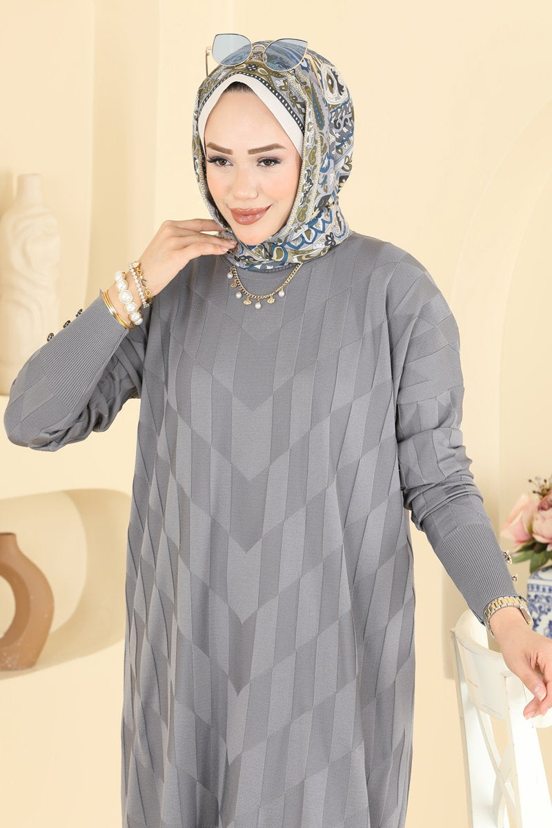 Mercerised Knit Tunic with Buttons - Grey