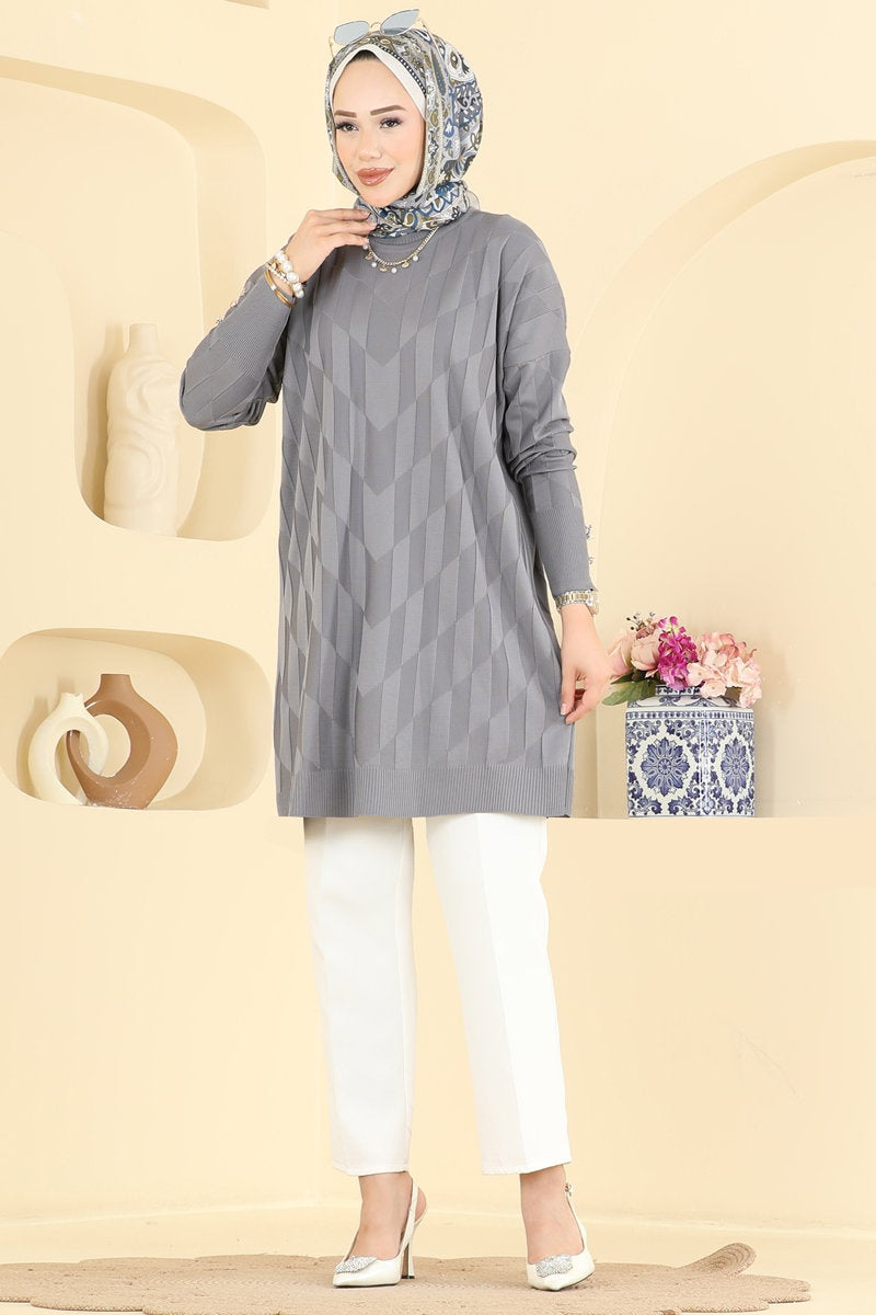 Mercerised Knit Tunic with Buttons - Grey