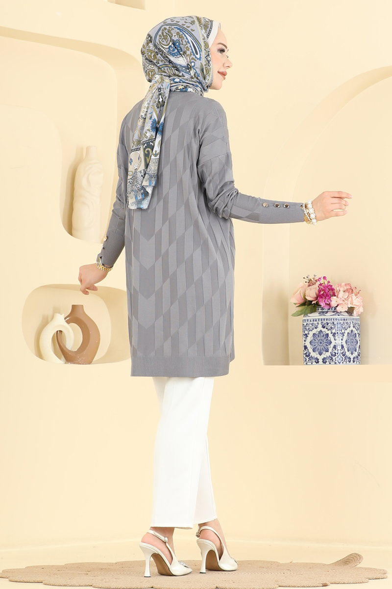 Mercerised Knit Tunic with Buttons - Grey