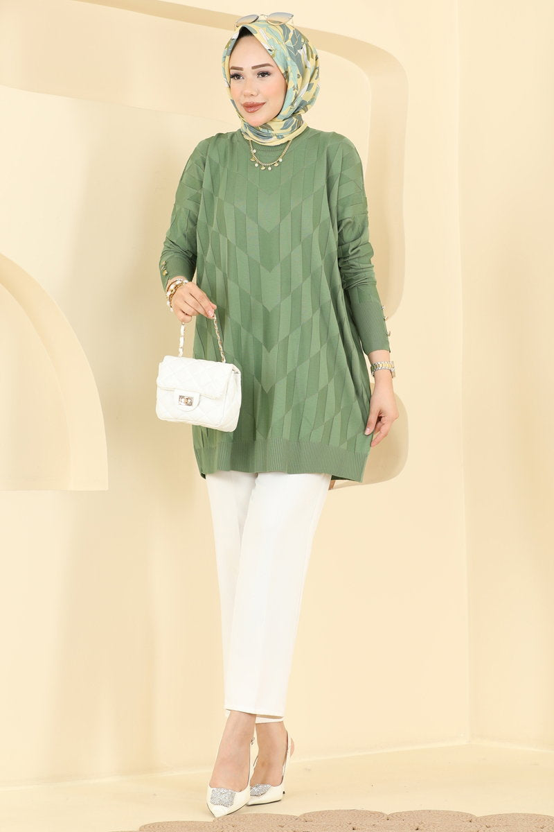 Mercerised Knit Tunic with Buttons - Dark Almond Green