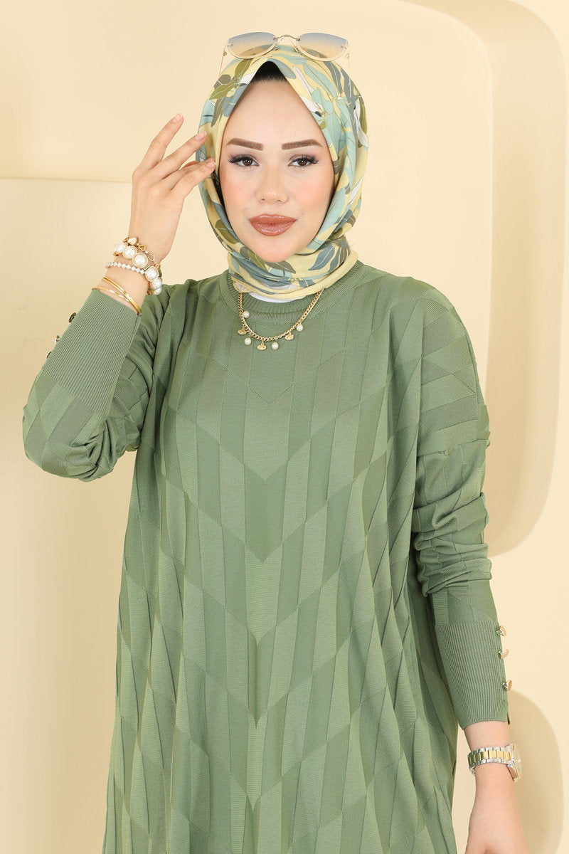 Mercerised Knit Tunic with Buttons - Dark Almond Green