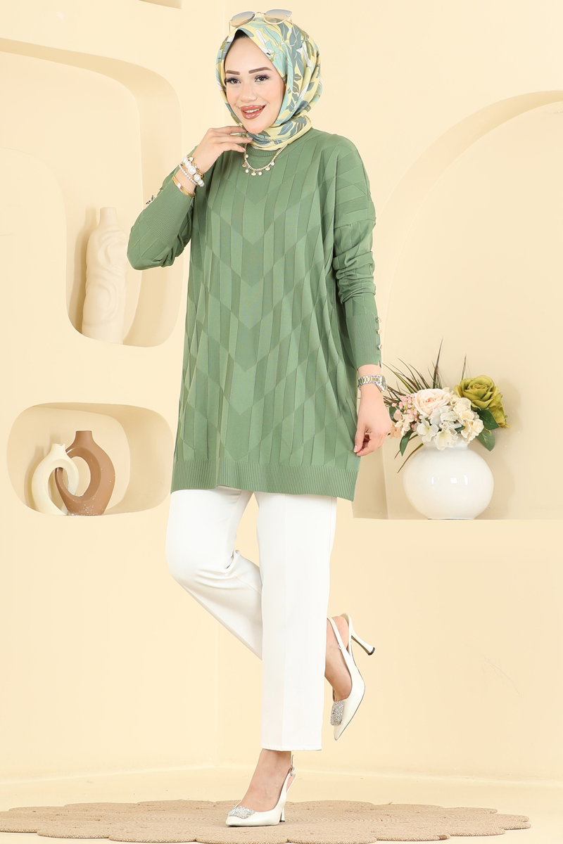 Mercerised Knit Tunic with Buttons - Dark Almond Green