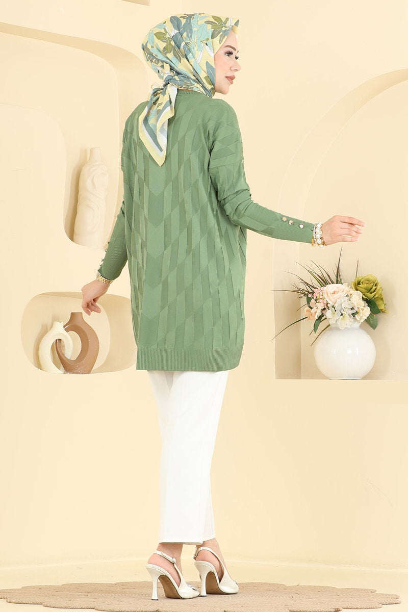 Mercerised Knit Tunic with Buttons - Dark Almond Green