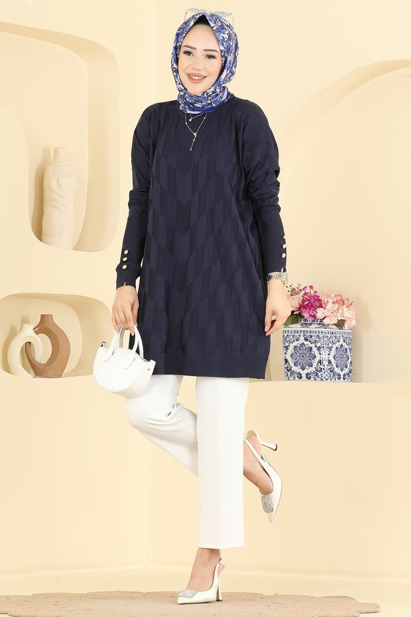 Mercerised Knit Tunic with Buttons - Navy