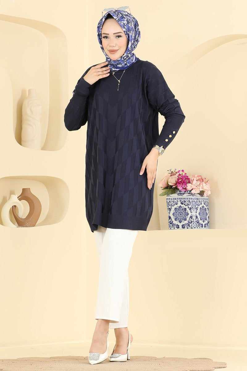 Mercerised Knit Tunic with Buttons - Navy