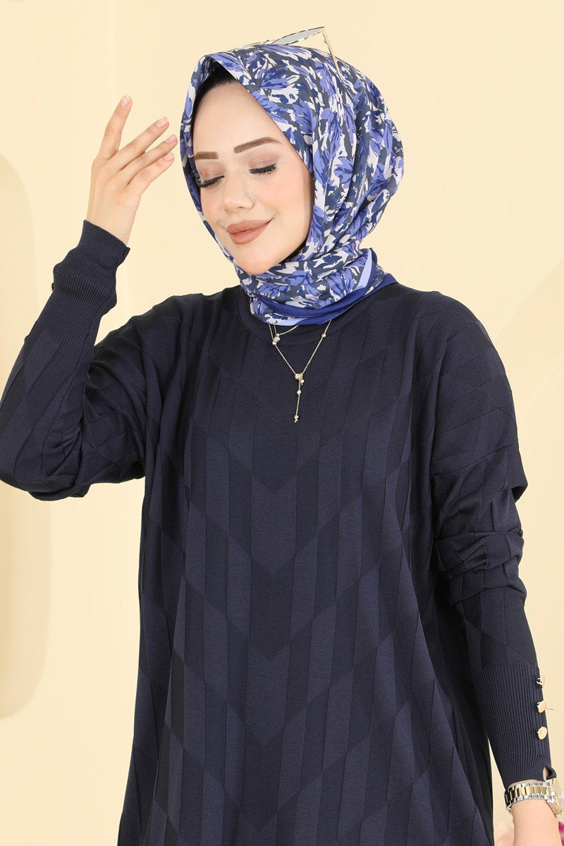 Mercerised Knit Tunic with Buttons - Navy