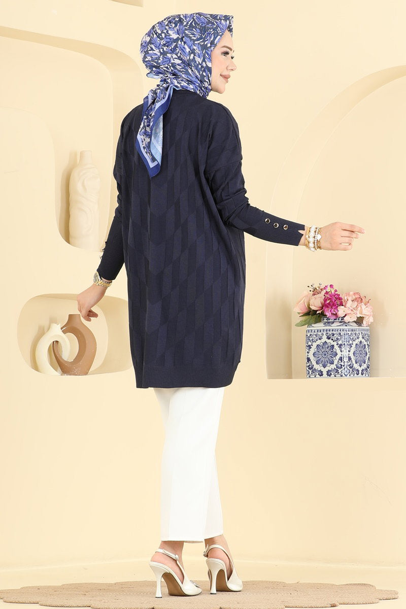 Mercerised Knit Tunic with Buttons - Navy