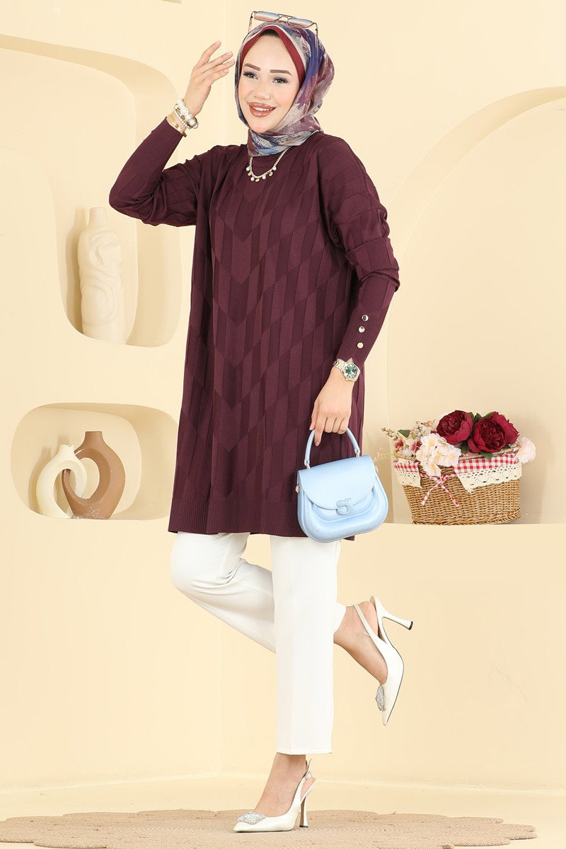 Mercerised Knit Tunic with Buttons - Plum