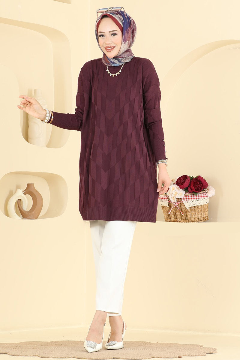 Mercerised Knit Tunic with Buttons - Plum