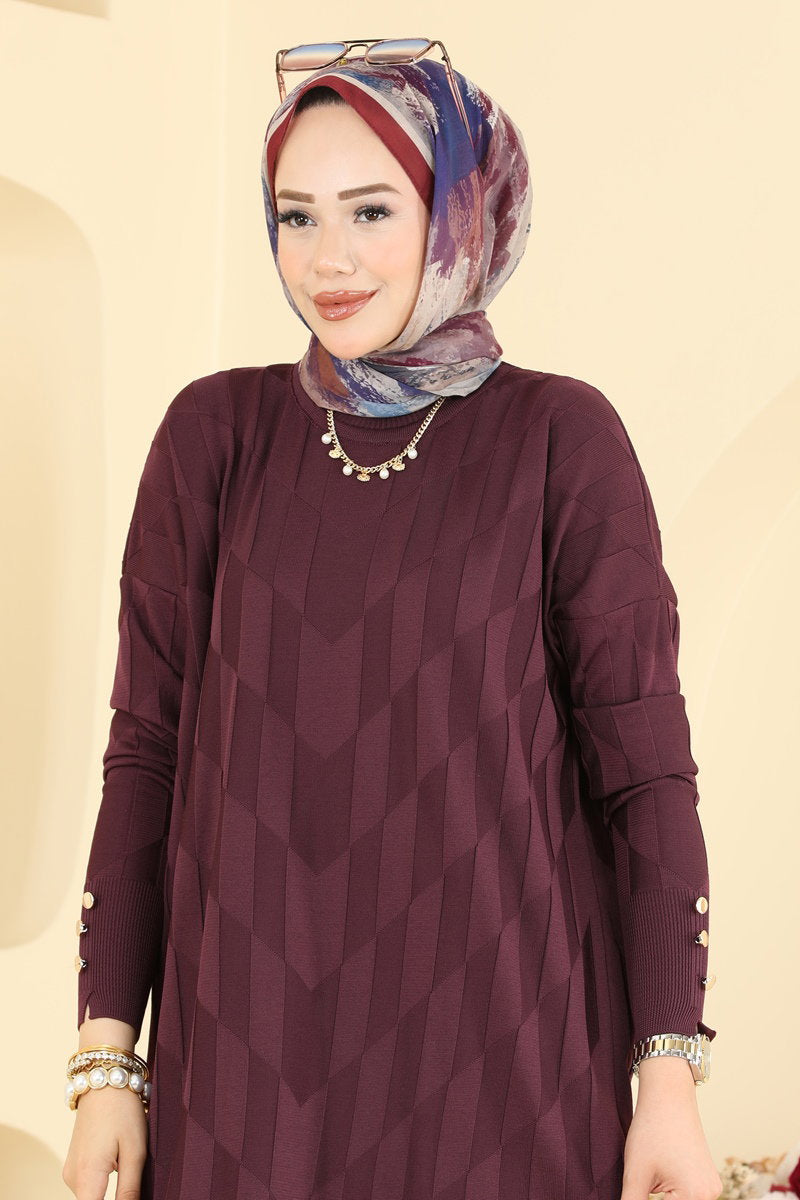 Mercerised Knit Tunic with Buttons - Plum
