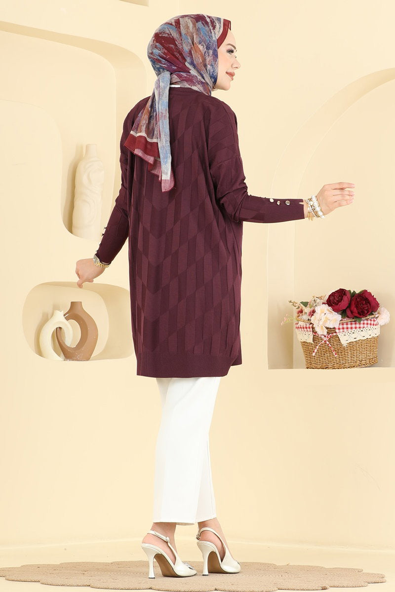 Mercerised Knit Tunic with Buttons - Plum
