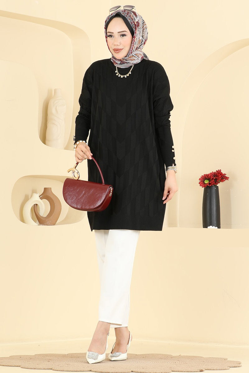 Mercerised Knit Tunic with Buttons - Black
