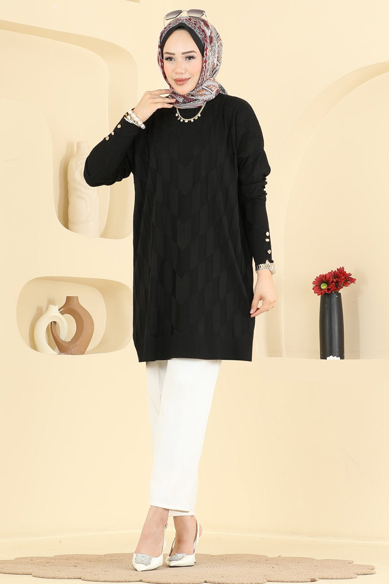 Mercerised Knit Tunic with Buttons - Black