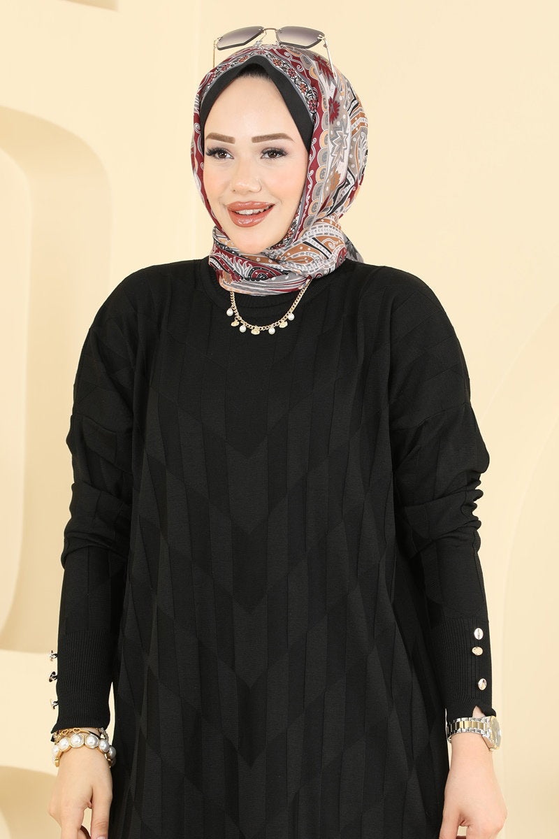Mercerised Knit Tunic with Buttons - Black