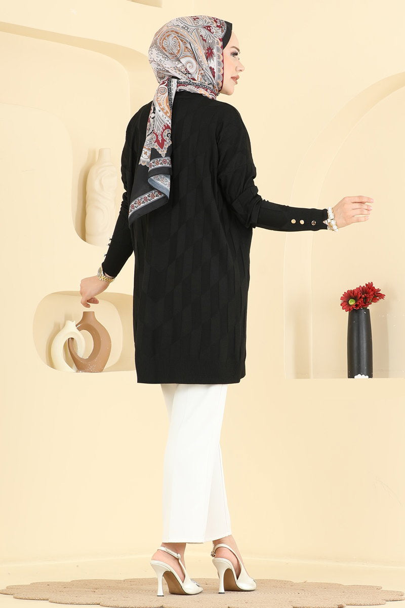 Mercerised Knit Tunic with Buttons - Black
