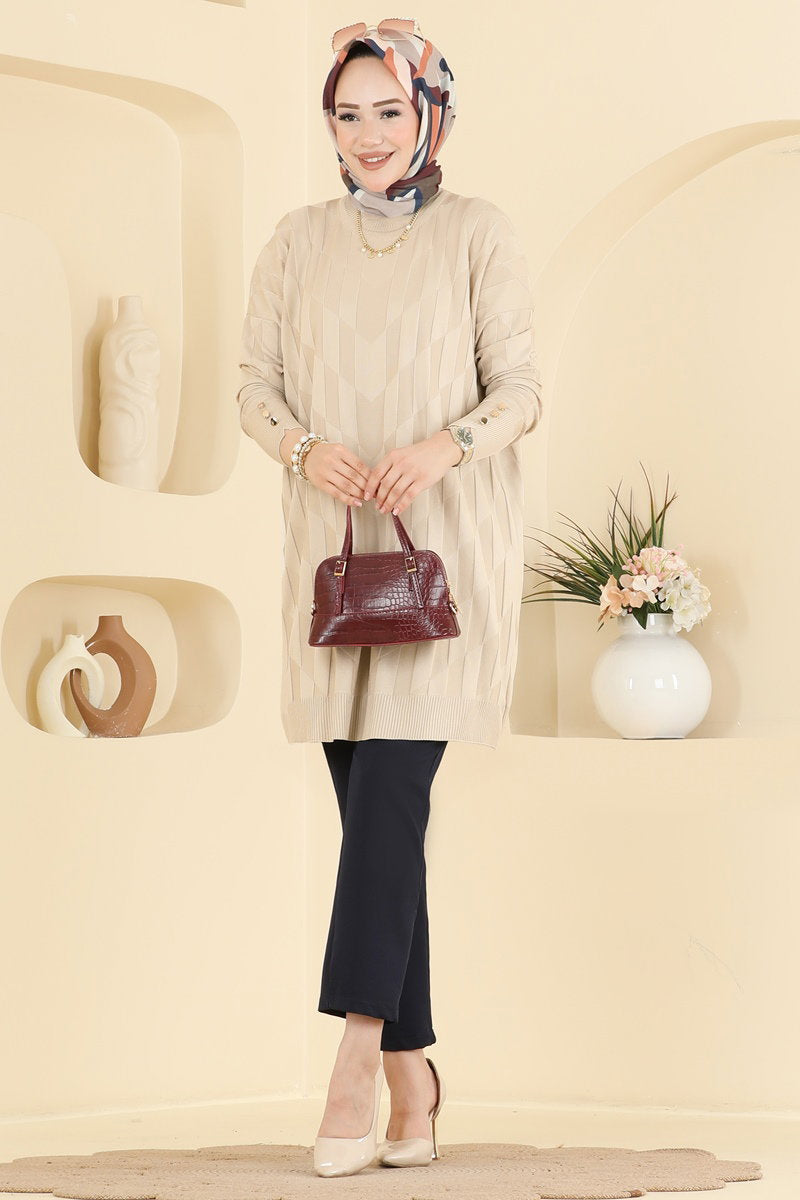 Mercerised Knit Tunic with Buttons - Stone