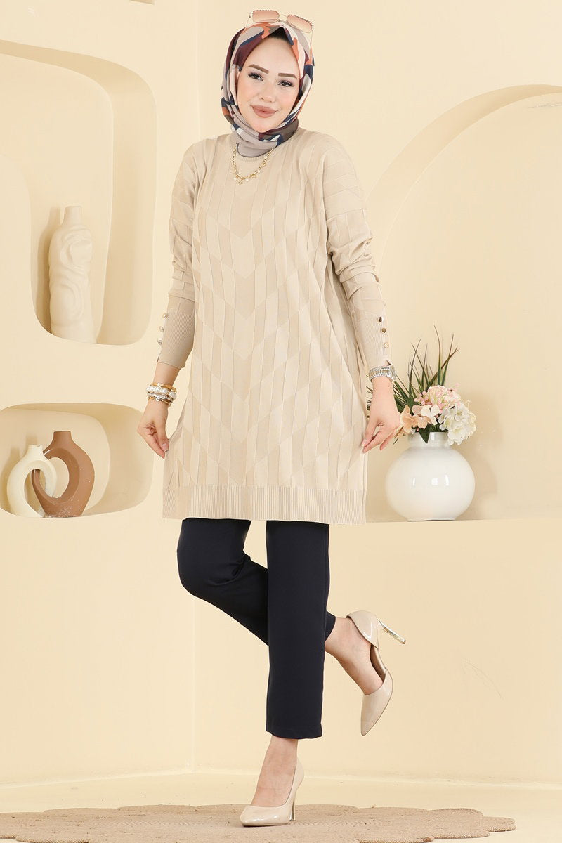 Mercerised Knit Tunic with Buttons - Stone