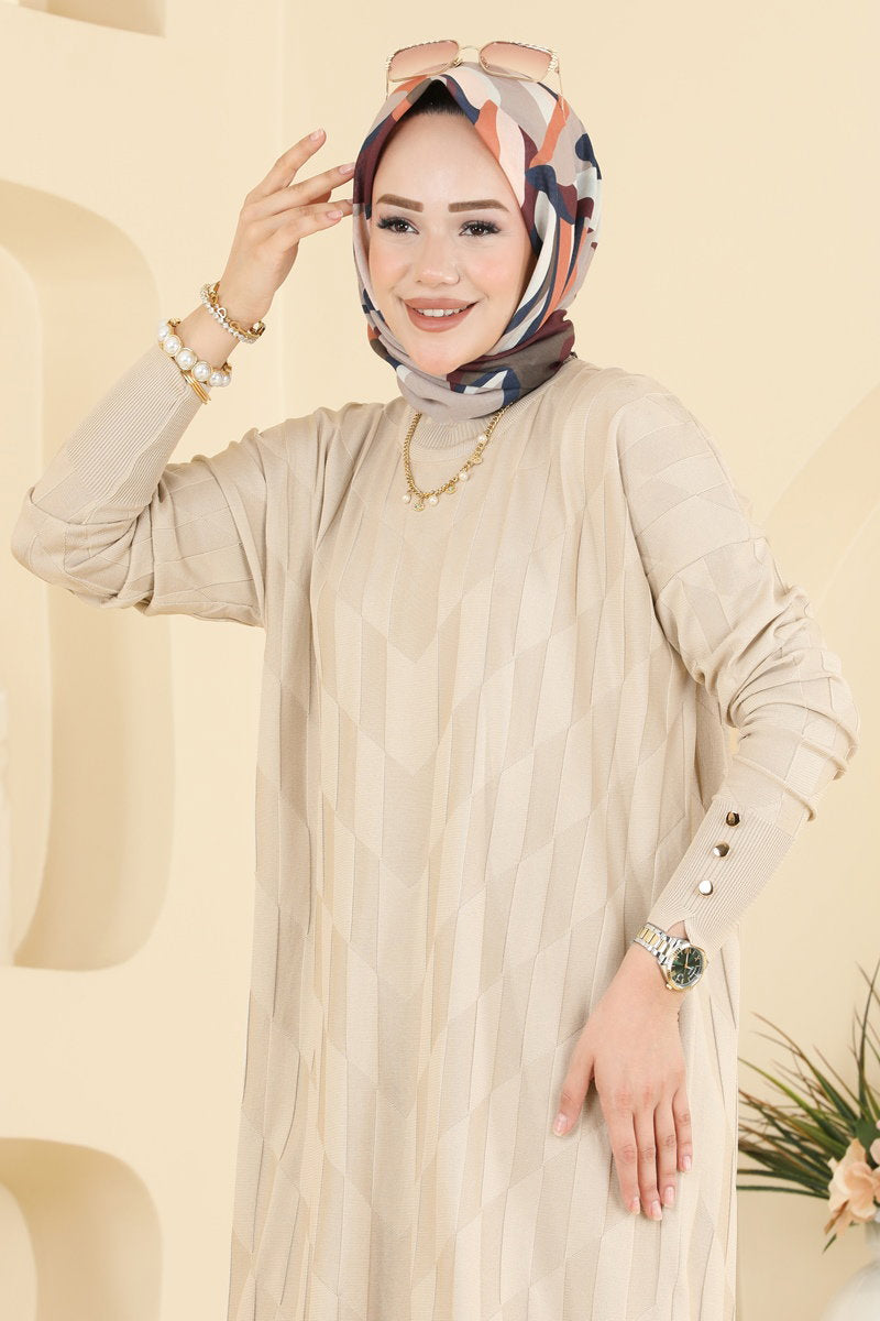 Mercerised Knit Tunic with Buttons - Stone