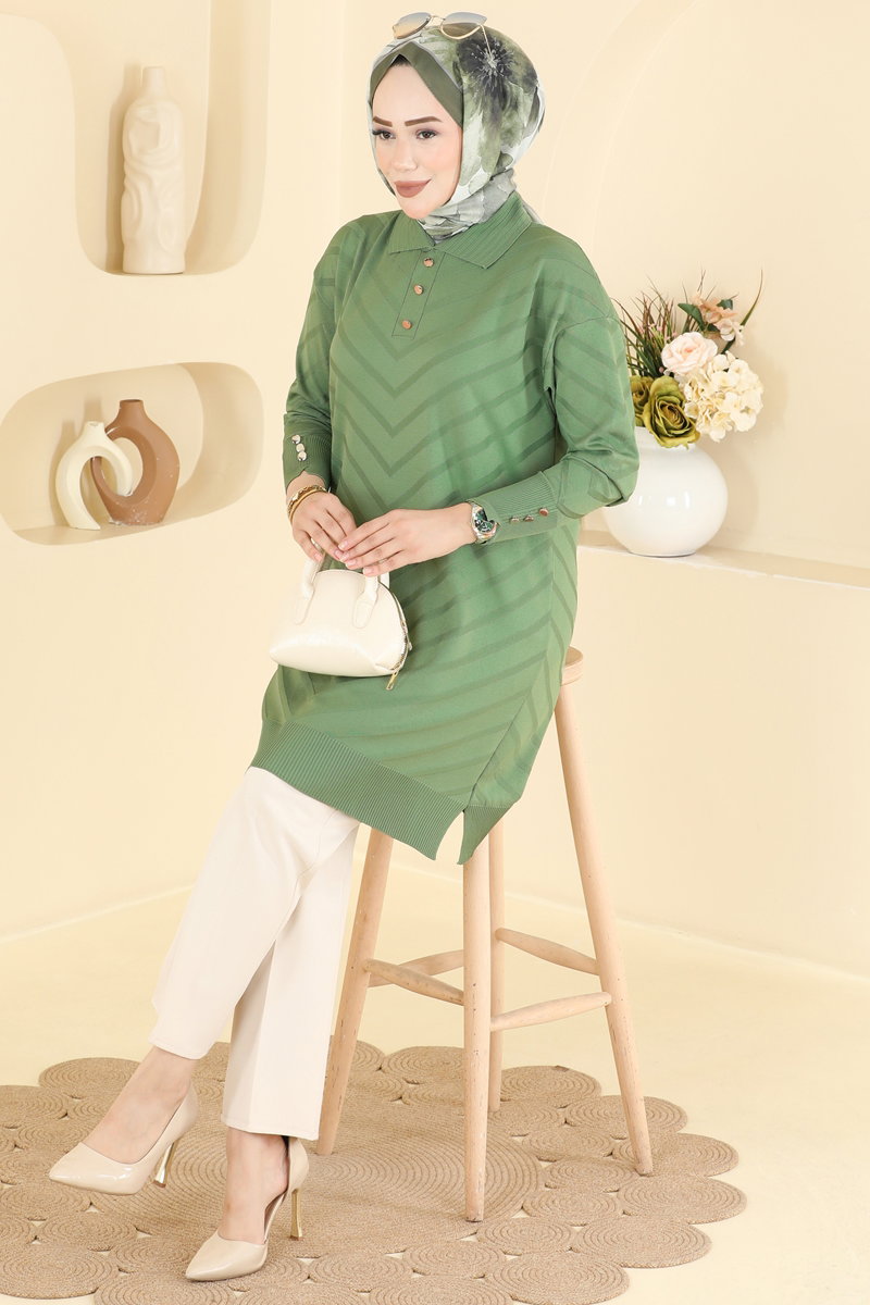 Button-Detail Mercerised Tunic - Almond Green