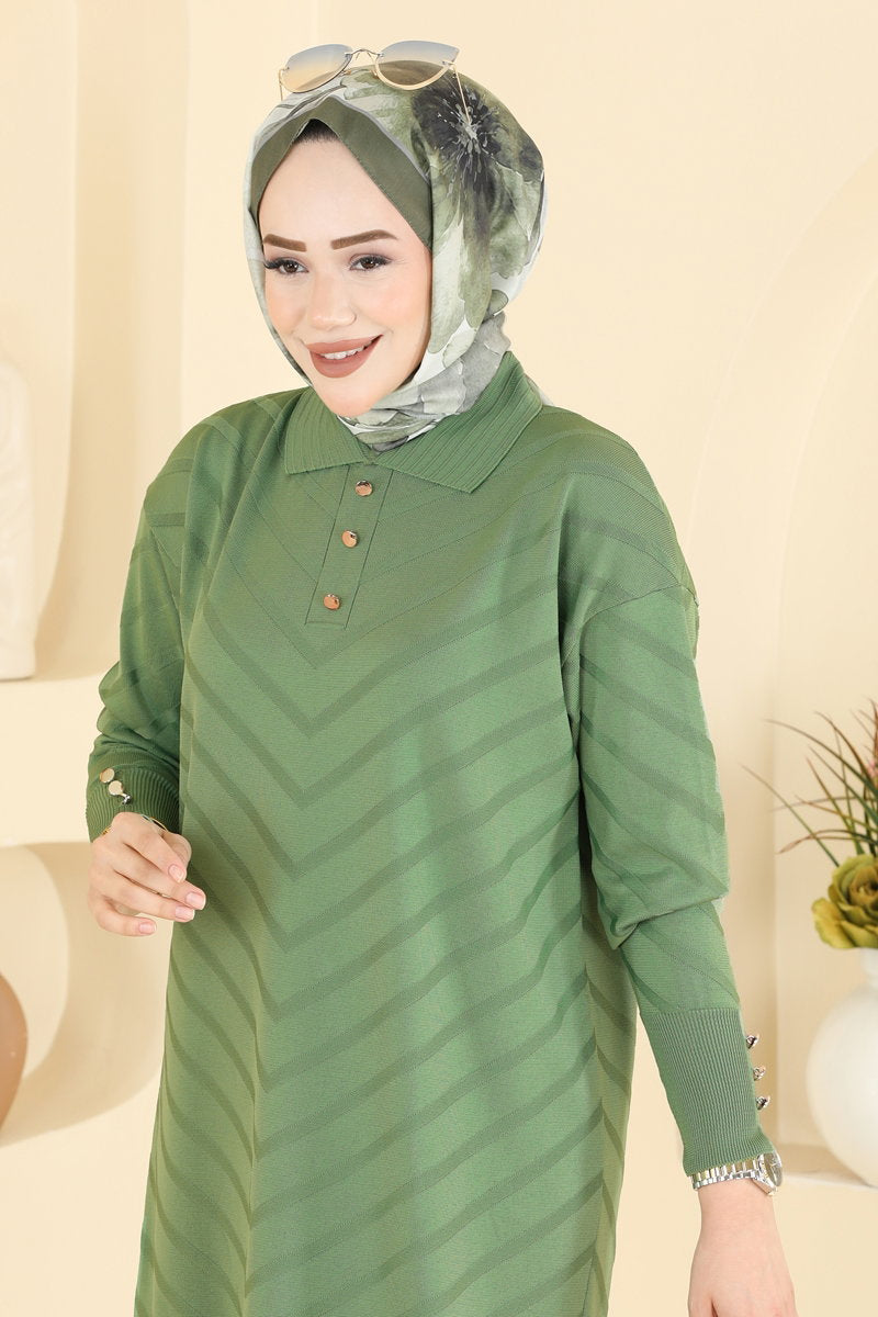 Button-Detail Mercerised Tunic - Almond Green