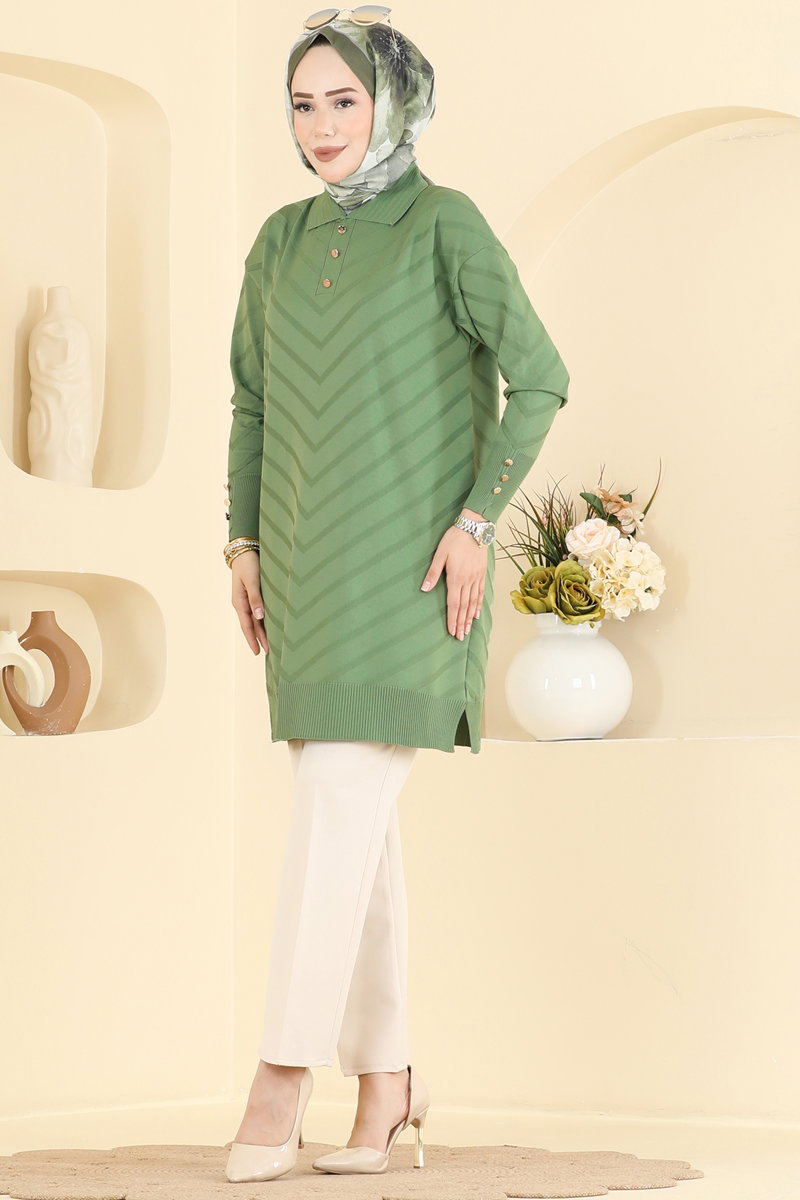 Button-Detail Mercerised Tunic - Almond Green