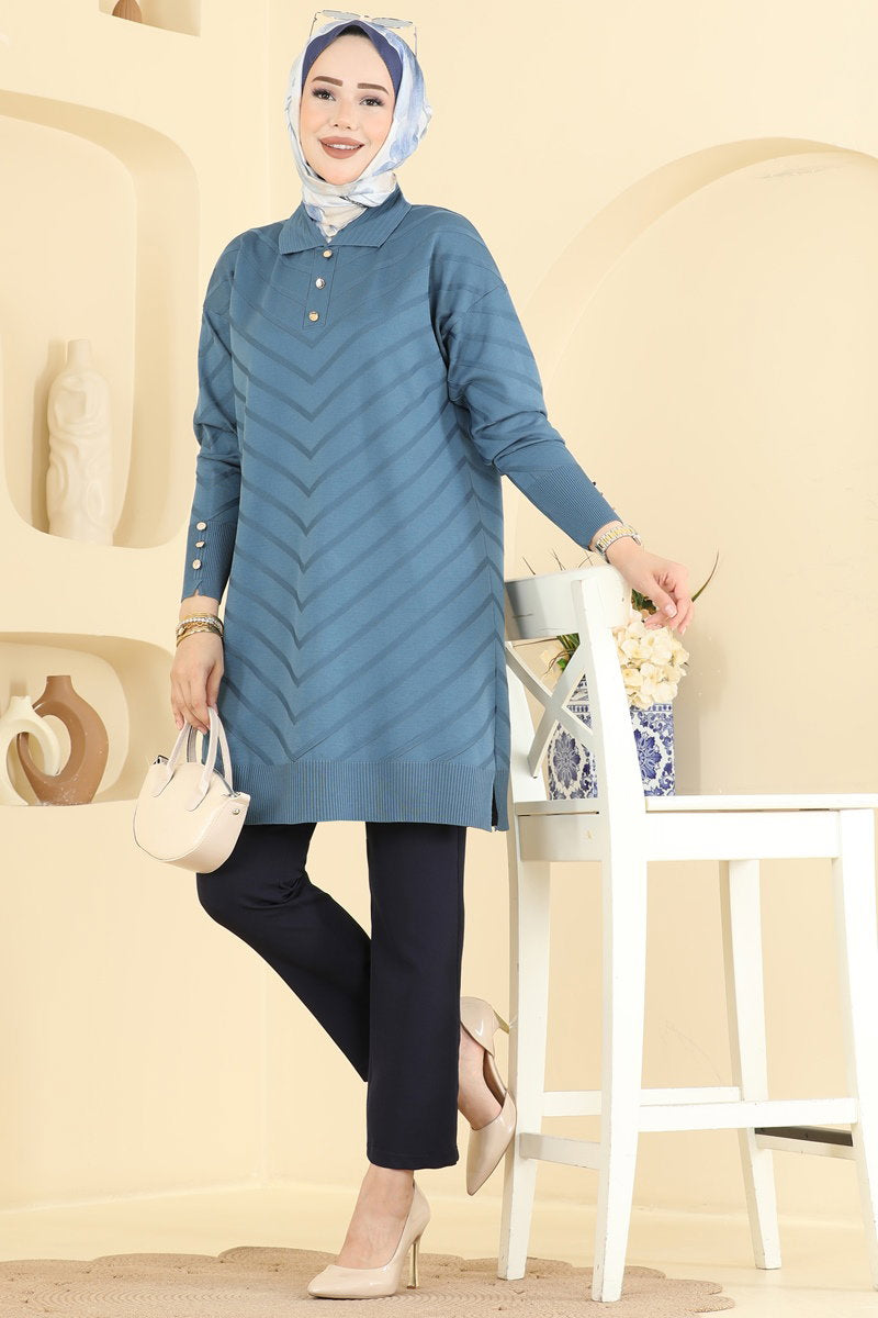 Button-Detail Mercerised Tunic - Indigo