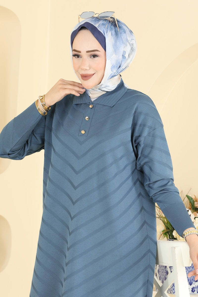 Button-Detail Mercerised Tunic - Indigo