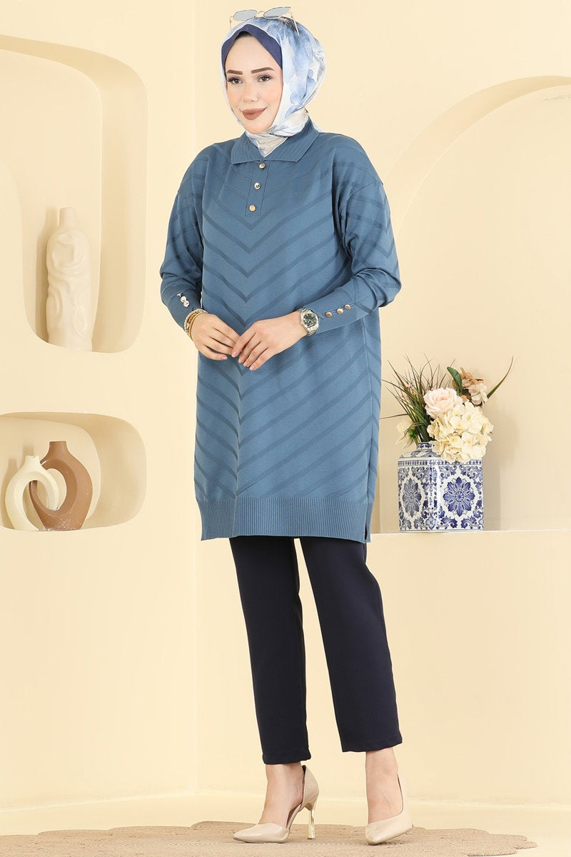 Button-Detail Mercerised Tunic - Indigo