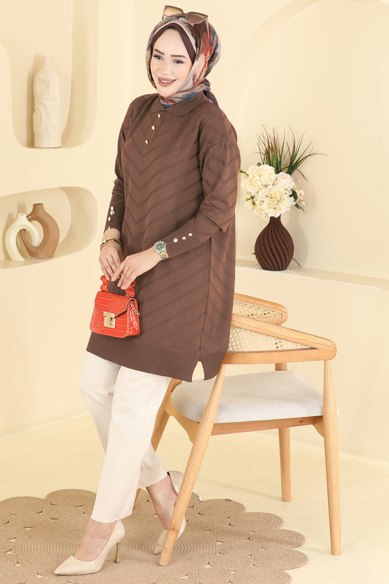 Button-Detail Mercerised Tunic - Brown