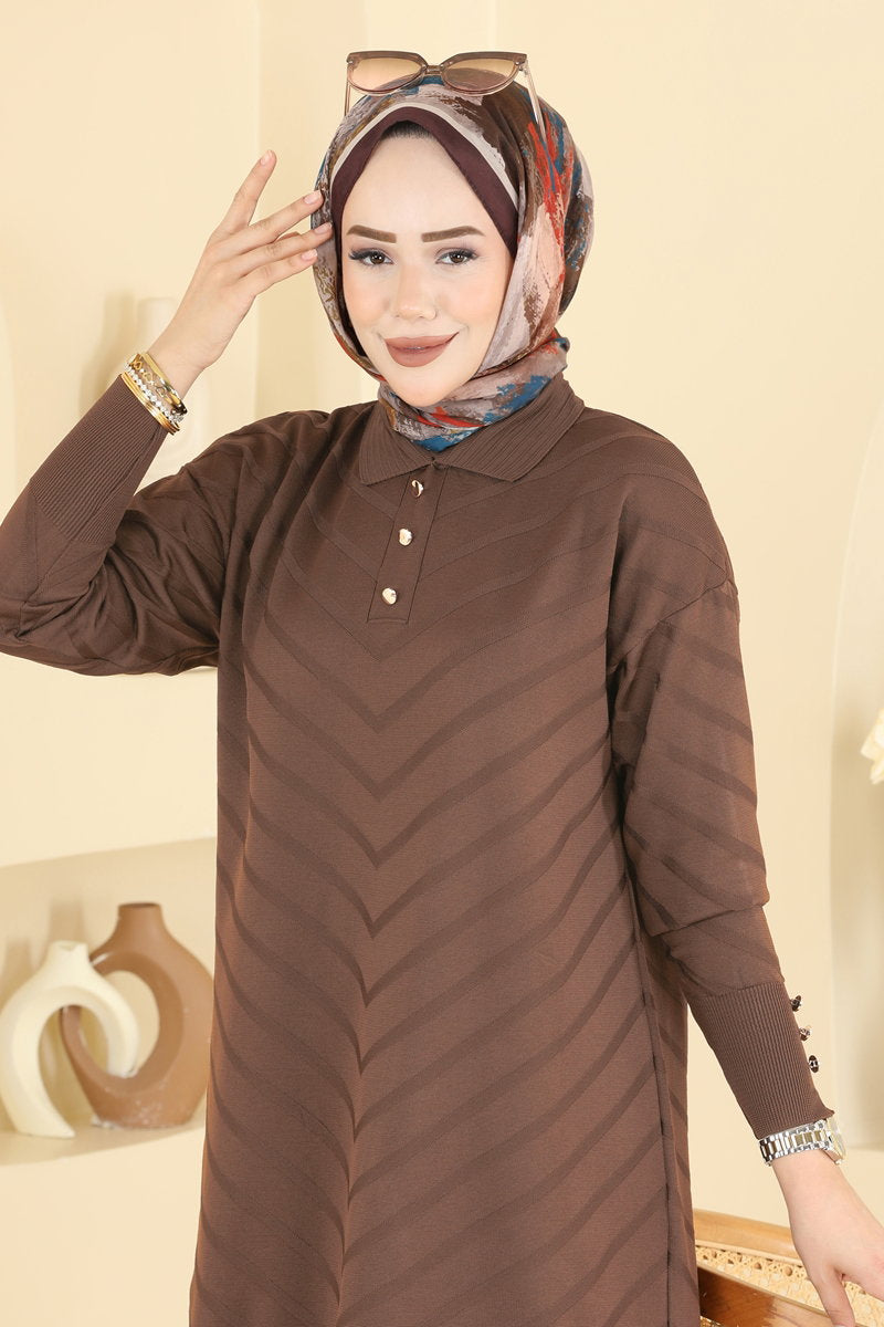 Button-Detail Mercerised Tunic - Brown