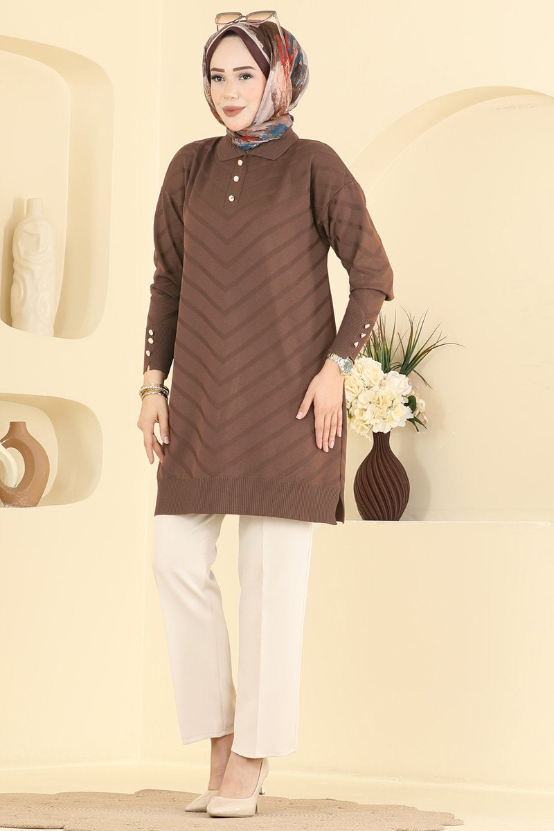 Button-Detail Mercerised Tunic - Brown