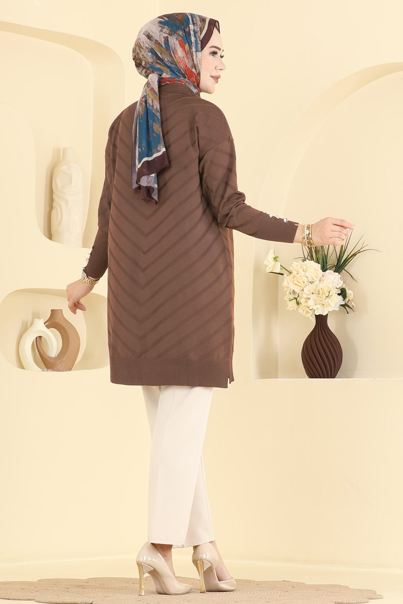 Button-Detail Mercerised Tunic - Brown