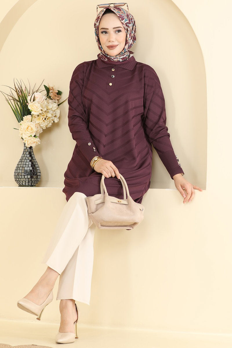 Button-Detail Mercerised Tunic - Plum